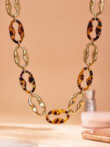 1 Set de joyería vintage con estampado de leopardo, que incluye pulsera de acero inoxidable con nariz de cerdo de resina, aretes y collar, un diseño único - Dorado - Ver 5