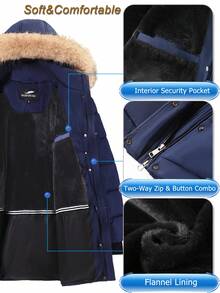 Women's Mid-Length Winter Coat Casual Fleece-Lined Windbreaker Detachable Hood With Drawstring Built-In Pockets, Two-Way Zipper Stylish Quilted Hooded Jacket Casual Outdoor Winter Top Perfect For Daily Wear, Commuting, Holidays, Gift - Màu xanh hải quân - Xem 3