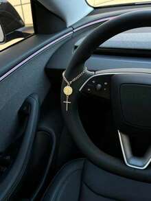 1pc Steering Wheel Decor, 15cm Adjustable Length, Minimalist, Cute, Creative Rosary Beads Car Charm Accessory, Unique Fashion Car Hanging Decoration - 綠色橢圓形盤子 + 水鑽雙十字架 - 查看 3