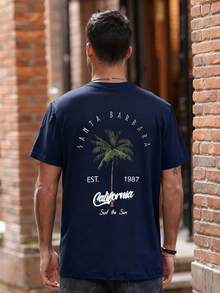 2025 Summer New Men's Coconut Tree Letter Print Round Neck Short Sleeve T-Shirt, Casual Vacation Clothes - Navy Blue - View 3