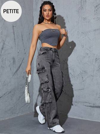 กางเกงยีนส์คาร์โก้ขายาวทรงตรงเอวสูงมีกระเป๋าหลายช่องสไตล์ Y2K สำหรับผู้หญิง