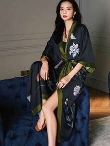 复古宽松优雅时尚通勤印花长款和服罩衫，休闲家居系带长袍，沙滩罩衫，夏季泳衣外层 - 黑色 - 查看 5