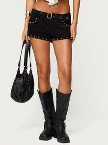 Women Y2k Studded Belt Micro Shorts Low Rise Rivet Faux Suede Shorts Buckle Mini Bottoms Punk Streetwear - Black - View 6