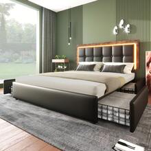 Bed Frame With LED Lighting Strip And 4 Drawers, Double Bed Upholstered Bed 160x200cm, Height-Adjustable Headboard, Functional Bed, PU Black (Without Mattress) - Black - View 1