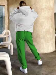 [Casual Two-Piece Set] Women's Casual Two-Piece Set Sweatshirt & Joggers | Long Sleeve Pullover With Pockets, Brown, Spring/Fall Fashion, Relaxed Fit Joggers, Letter Print Top, Casual Wear, Comfortable Basic Daily Outfit, Local Warehouse Discount - Green - View 4