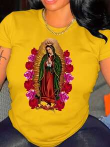 Playera camiseta gráfica dama mujer manga corta cuello redondo básica cómoda fresca ligera estampado mexicano vírgen virgencita guadalupe méxico rosas flor floral frase ruega por nosotros - Amarillo - Ver 1