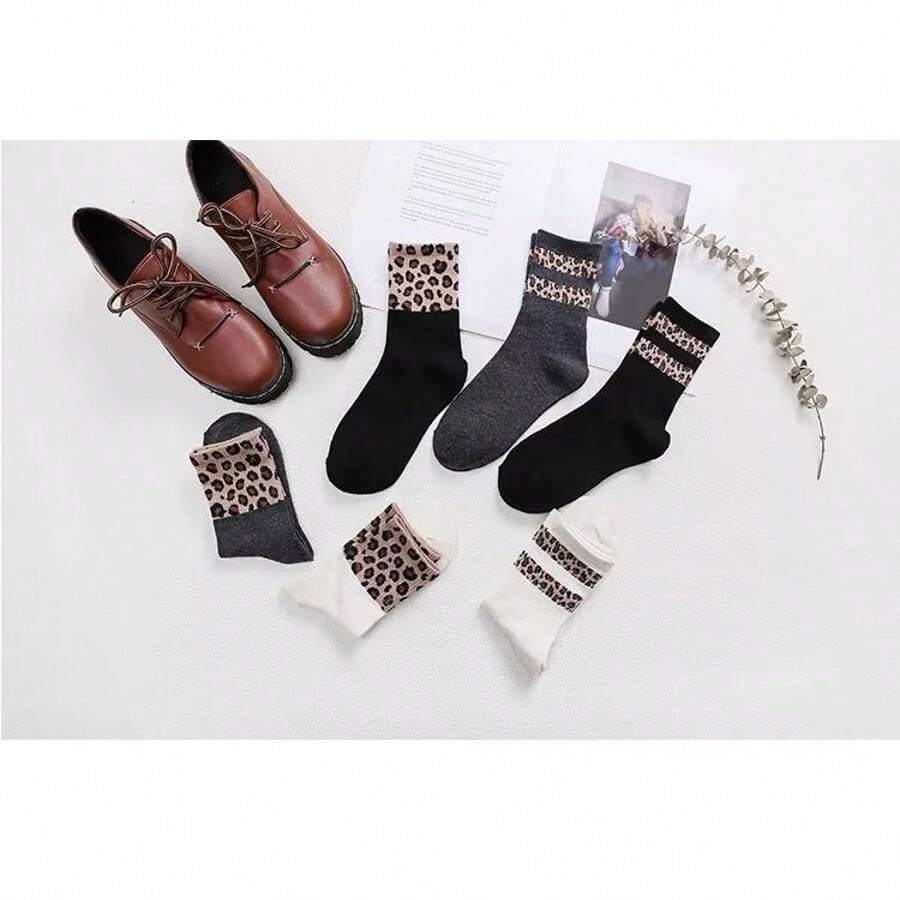 9Pairs "Women's Mid-Calf Socks Leopard Print Retro Three-Stripe Athletic Socks For Spring/Autumn" - Multicolor - View 1