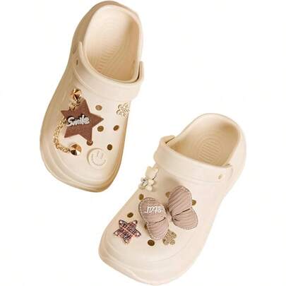 Platform Clogs With Decorative Charms Women, 2 Inch Height, White And Beige, Sizes 5 - 9