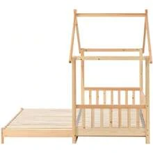 Extendable Cabin Bed, House Bed, Children's Bed, Daybed, Single And Double Bed, Pure Solid Wood, Natural (200x90cm & 200x180cm) - Natural Color - View 9