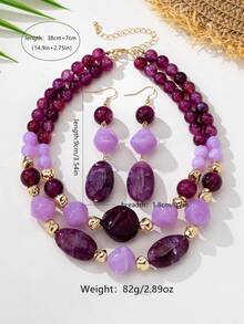 3pcs/Set Fashionable High-End Asymmetrical Geometric Acrylic Beads Chain Necklace & Earrings Set, Suitable For Women's Daily And Party Outfits - Purple - View 4