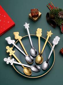 1/4/8pcsStainless Steel Ramadan-Themed Creative Spoons, Featuring Cartoon And Fun Designs. These Include Coffee Spoons, Dessert Spoons, Mixing Spoons, Snowman Ice Cream Spoons. Suitable For Family And Friends Gatherings, Ramadan Festivals, Valentine's Day And Other Various Party And Event Occasions. - Multicolor - View 4