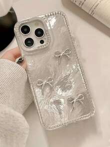 Bow-Knot 1pc Minimalist Feather Chiffon Silver Bowknot Metal Full Coverage Phone Case, Compatible With IPhone 17/17 Air/17 Pro/17 Pro Max/16/15/14/13/12/11/Pro Max/Pro/Plus, TPU Soft Full Frame Case With Rhinestone Lens Protection - Clear - View 1