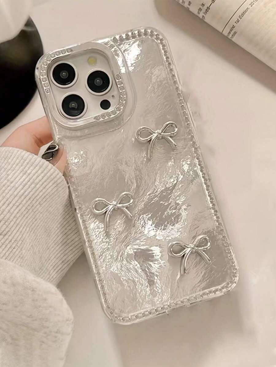 Bow-Knot 1pc Minimalist Feather Chiffon Silver Bowknot Metal Full Coverage Phone Case, Compatible With IPhone 17/17 Air/17 Pro/17 Pro Max/16/15/14/13/12/11/Pro Max/Pro/Plus, TPU Soft Full Frame Case With Rhinestone Lens Protection - Clear - View 1
