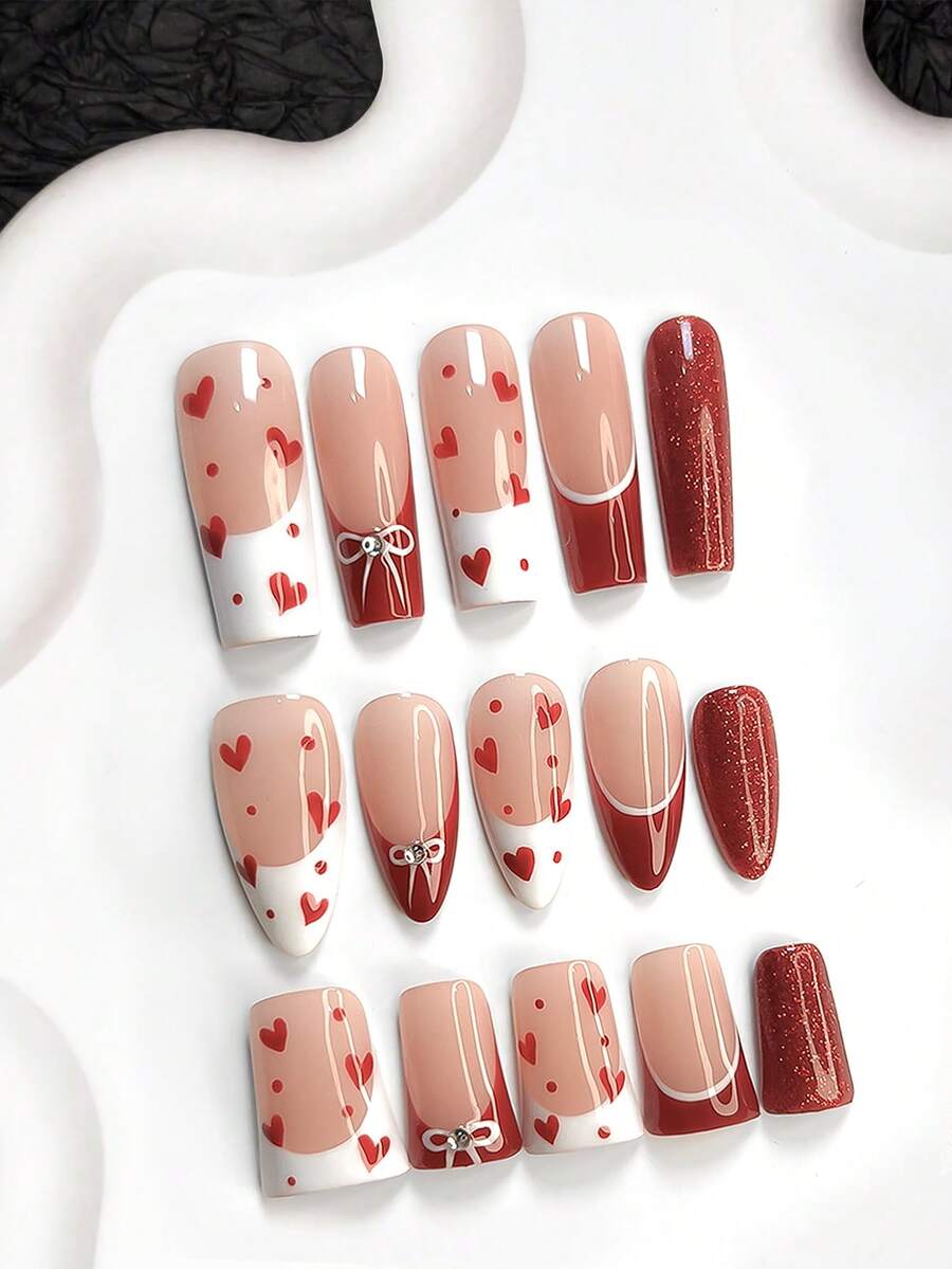 10pcs Valentine's Day Red Glitter Nail Art Set, Includes Handpainted Bow Nail Stickers, French Manicure Nail Stickers, Handmade Red Heart False Nails, White Nail Glue, Red Nail Polish, Comes With Nail Tools, 3 Sizes Available: Almond, Duck Mouth, Coffin Shape, Suitable For Party, Valentine's Day, Wedding, Casual & Daily Wear - 彩色 - 查看 1
