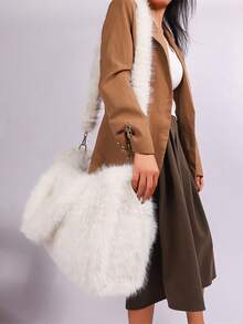 Long Strap Faux Fox Fur Tote - -Wide Large Capacity Tote Bag - White - View 2