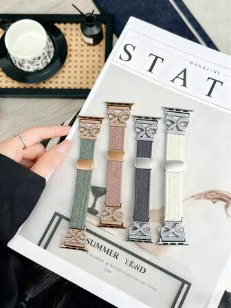 16毫米蝴蝶结超薄编织表带，兼容表盘尺寸40毫米、38毫米、41毫米、42毫米、44毫米、45毫米、46毫米、49毫米，磁吸式柔软尼龙弹力表带，配以时尚闪亮蝴蝶结，兼容 Series 10/9/8/7/6/5/4/3/2/SE/Ultra