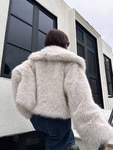DEEKA 秋冬新款加厚仿狐狸毛领时尚短外套，人造毛皮效果，青春优雅度假风 - 米色 - 查看 8