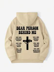 男士休闲街头连帽衫，印有英文标语和十字架图案，秋冬款 - 杏色 - 查看 4