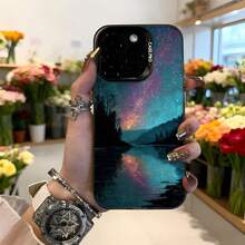 Cubierta de teléfono con diseño de galaxia estrellada azul y rosa para iPhone 14 Pro Max  protector con impresión de cielo nocturno y reflejo en agua ideal para uso diario y ocasiones especiales Aplicable a los teléfonos de la serie Apple y Galaxy - Blanco - Ver 3