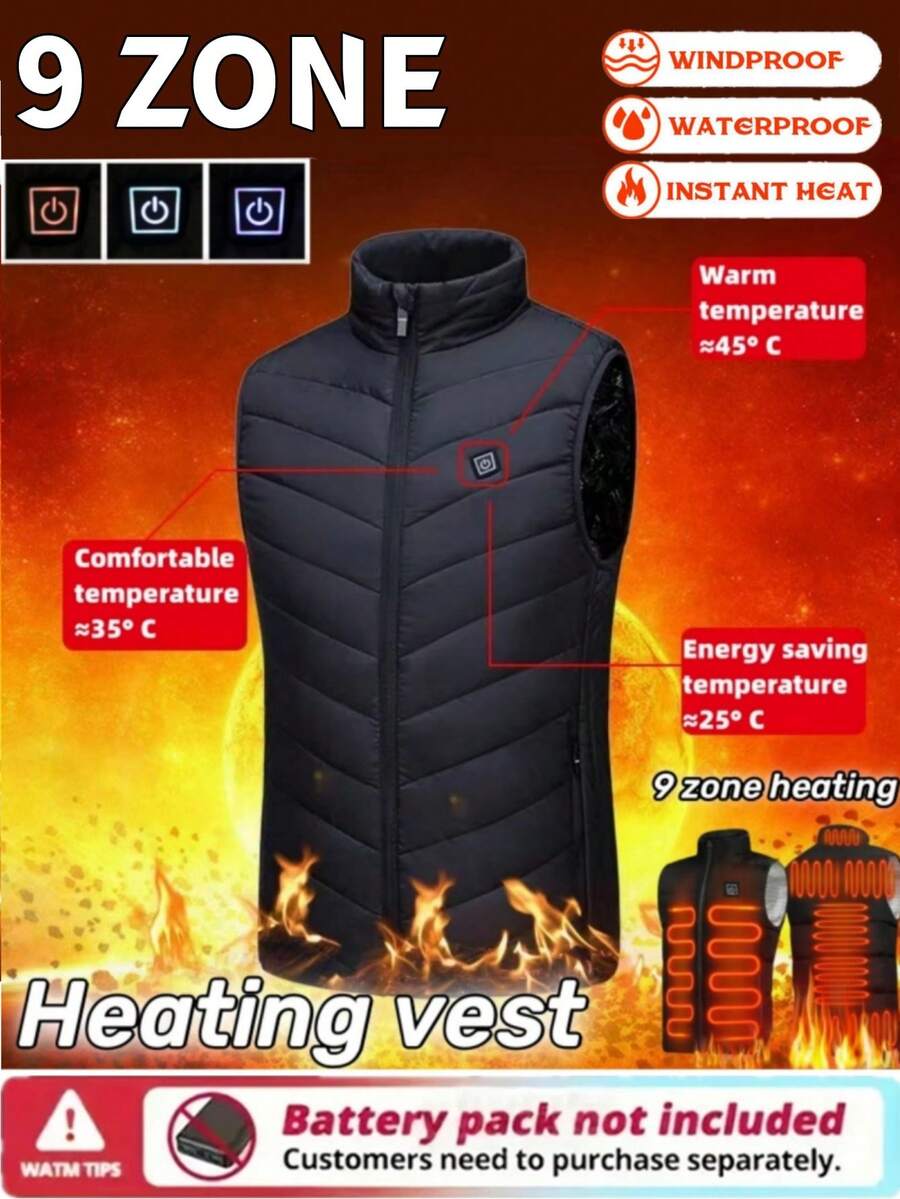 Winter Men 9 Zone Heated Vest, USB Charging Intelligent 3-Speed Electric Warm Jacket, Outdoor Snow Sports Lightweight Casual Sleeveless Vest (Excluding Power Bank)