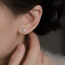 1 Pair Rabbit Stud Earrings - Minimalist Bunny Jewelry, Everyday & Party Earrings For, Birthday/Easter/Valentine's Gift - Dainty Rabbit Earrings For All Seasons, Festive Accessory, Elegant Bow Design, Glittering Accents, For Teenager - 1 對 - 查看 3