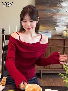 Y6Y 2025新款圣诞红色露肩长袖女式针织毛衣，荷叶边修身套头衫，适合秋冬季穿着 - 紅色 - 查看 6