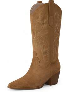 Cowgirl Boots Women Knee High Boots Pointed Toe And Block Heel Cowboy Suede And Faux Leather Boots With Embroidered - 藍色 - 查看 9