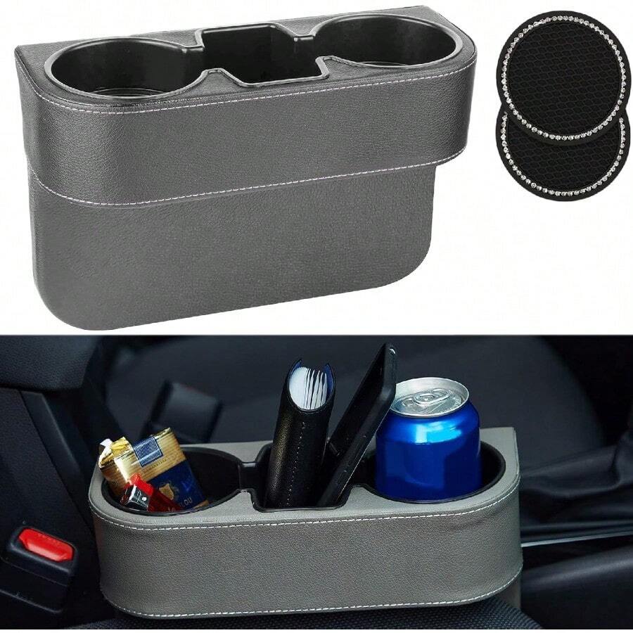 Car Seat Gap Filler Organizer Auto PU Leather Console Side Storage Box With Cup Holder Extender For Drink Car Organizer Front Seat Accessory For Holding Phone Sunglasses Keys Cards