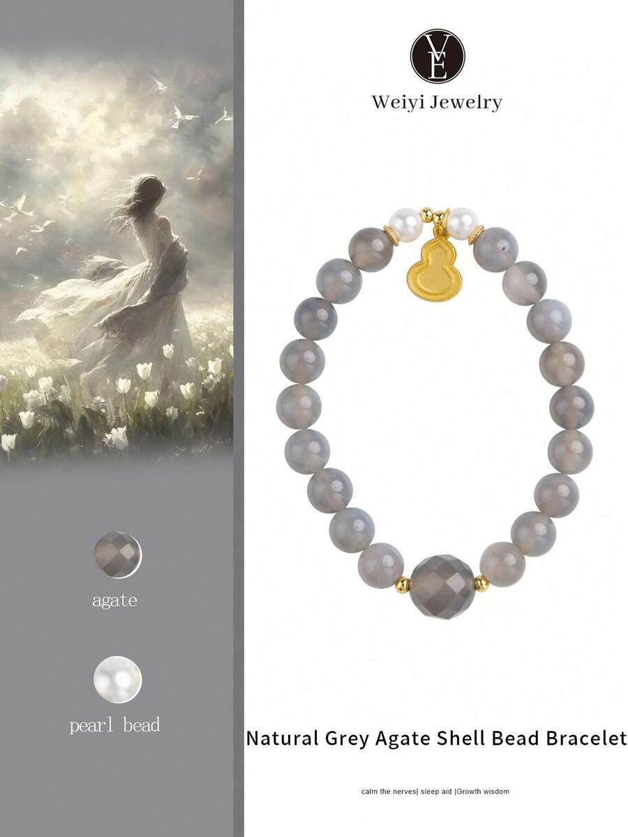 [VE] 1pc High-Quality Natural Grey Agate, Faux Pearl & Gourd Bracelet, Grey Agate Stabilizes Emotions, Shell Beads Have A Soft Luster, Gourd Symbolizes Blessings & Prosperity, Triple Protection For Body & Mind, Elastic Design Fits Wrist, Agate Bracelet, Lucky Everyday Wear, Natural Gemstone Color Varies - Grey - View 1
