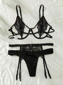 weiweihu Plus Size Ladies Black Lace Sexy Three-Point Underwear Set (Including Garter Belt),Plus Size Sexy Underwear Set Garter Belt Hollow Three-Point Slimming One-Piece Full Body Tight-Fitting Plus Size Sexy Underwear Suitable For Plus Size Ladies,Curve Lingerie,Plus Size Lingerie,Lingerie For Women Plus Size,Christmas Lingerie Plus Size,Lencería Para Mujer,Christmas Gifts - màu đen - Xem 3