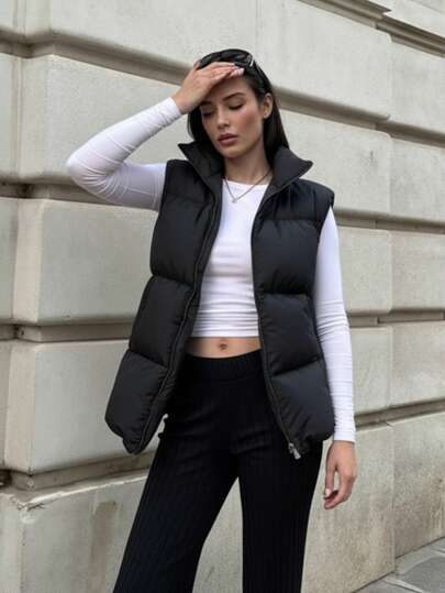Women's Black Puffer Vest, Sleeveless Lightweight Quilted, Casual Elegant Daily Street Layering Outfit