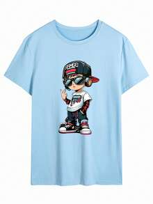 男孩和青少年休闲印花圆领短袖T恤，夏季上衣