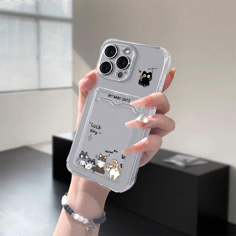 Funda de teléfono transparente con patrón de gato lindo, funda de teléfono con soporte para tarjetas que proporciona un agarre cómodo y protege eficazmente el teléfono de golpes y caídas, compatible con varios modelos de , incluyendo 16, 15, 14, 13, 12, 11 Pro Max, X, XR, XS Max, 14 Plus, 15 Plus, 12 Mini, 13 Mini, 15 Pro Max, 16 Pro Max y la serie 14 Pro. Esta nueva funda de teléfono es adecuada tanto para hombres como para mujeres, ofreciendo una funda de teléfono de alta calidad que protege completamente tu teléfono. - 1 pieza - Ver 1