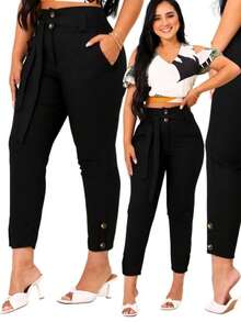 Stylish Women's Linen Trousers With Button At The Hem - màu đen - Xem 2