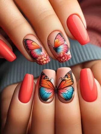 24pieces Mid-Length Ballet-Wearing Nails, Featuring Colorful Butterfly Patterns. The Butterflies Come In A Variety Of Colors, Including Pink, Orange, Blue, Etc. They Are Also Decorated With Flower False Nails. Paired With Jelly Glue And Nail Files, They Are Suitable For Women's Daily Gatherings And Festivals