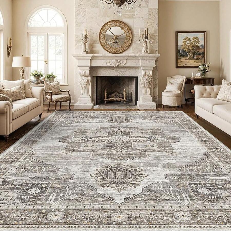 9x12 Area Rugs Living Room - Large Boho Stain-Resistant Rugs With Non-Slip Backing, Vintage Design Bedroom, Beige/Brown, Home Decor Floor - Grey - View 1