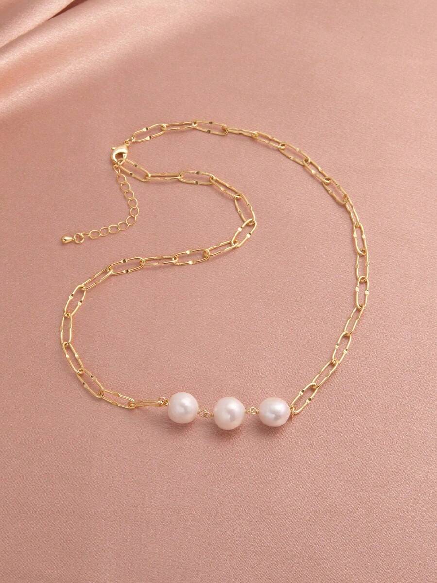 1条18K镀金天然淡水珍珠项链，适合女士生日、母亲节、婚礼、晚宴等场合，是送给她的好礼物。 - 白色 - 查看 1