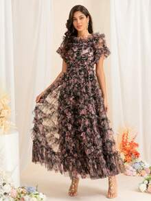 Summer Printed Floral Fluffy Cake Dress Vintage Short Sleeve One Shoulder Mesh Mullet Dress, Banquet Wear, Party Wear, Travel Wear - Multicolor - View 2