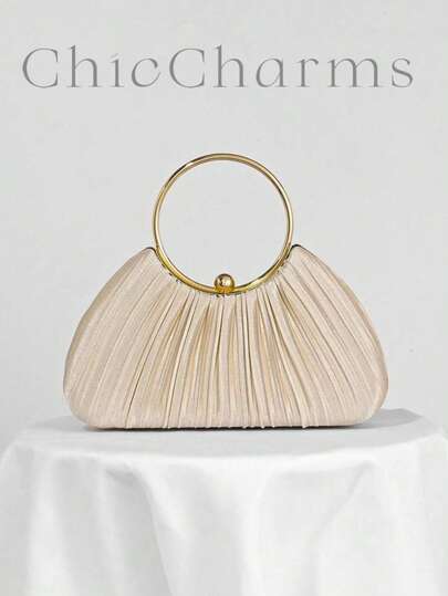 Pleated Satin Design Box Shape Evening Clutch, Formal Banquet Handbag For Party, Formal Dress, Ball, Wedding, Prom Bag For Party, Clutch Bag For Wedding