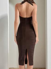 1 chiếc đầm dệt kim màu trơn thanh lịch, hở lưng, dây chéo, thích hợp cho tiệc tùng, đi biển, kỳ nghỉ, mọi mùa hè. - Màu nâu tối - Xem 6