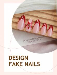 24片装中号杏仁形美甲贴纸 - 花卉图案按压式人造指甲，全覆盖法式美甲，可卸除 - 适合女性和年轻女孩（红色花朵设计）美甲护理用品 - 彩色 - 查看 3