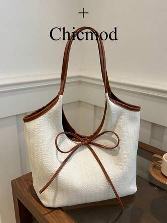 Portable Women's Bow Charm Tote Bag, Perfect For College, Business, Work, Commuting, High School, Great For Office, Elementary School, Junior High School, High School, Work, Stadium, Sports, Large Capacity Shoulder Bag, Cute Bow Bag For Women