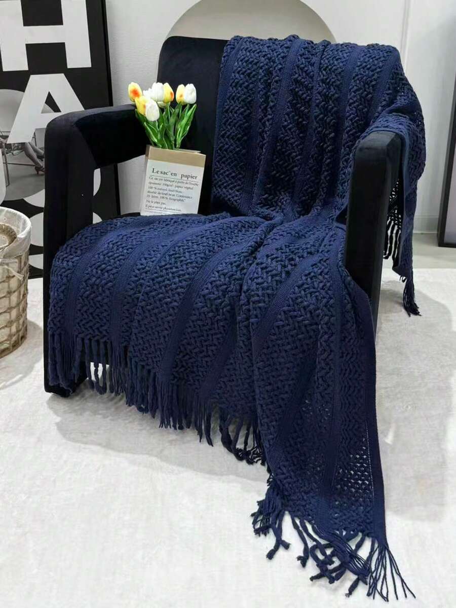 Cozy Knit Throw Blanket With Tassels - Soft, Lightweight & Warm - Perfect For Couch, Bed, And Travel - Farmhouse Style In Khaki & Cream - Cropped Handkerchief In Navy Blue - View 1