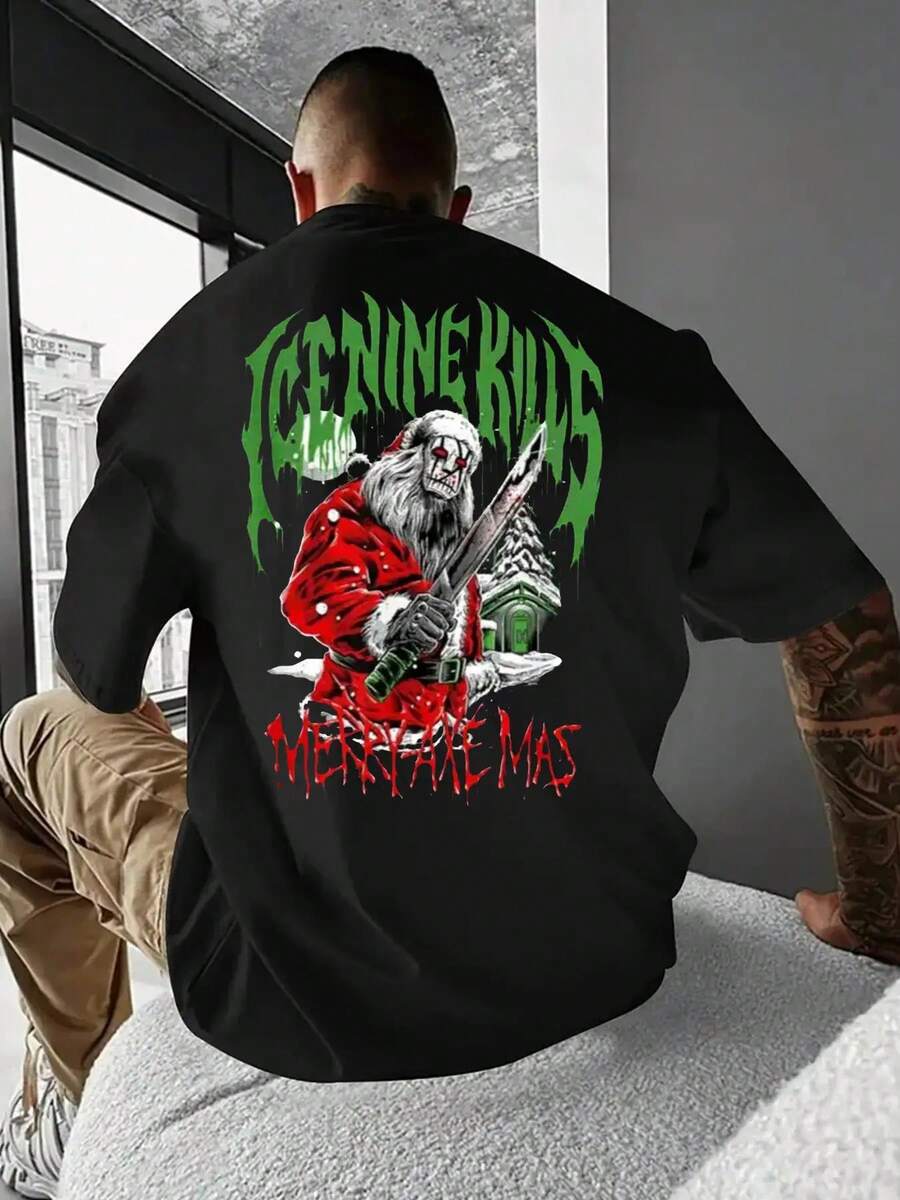 Ice Nine Kills Official Gothic Christmas Axe Slaughter Pattern T-Shirt - Heavyweight Retro Unisex Style, Suitable For Halloween, Christmas, Concerts & Music Fans - Spooky Metallic Holiday Gift Apparel, Christma Jumper Music, Cyberpunk, - màu đen - Xem 1