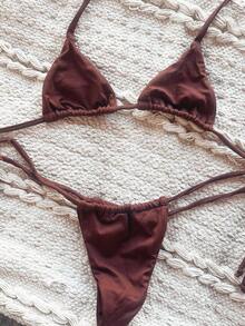 Adjustable Triangle Bikini With UV Protection, Stylish Tie-Up Style, Beach, And Vacation Details. - Rust Brown - View 1