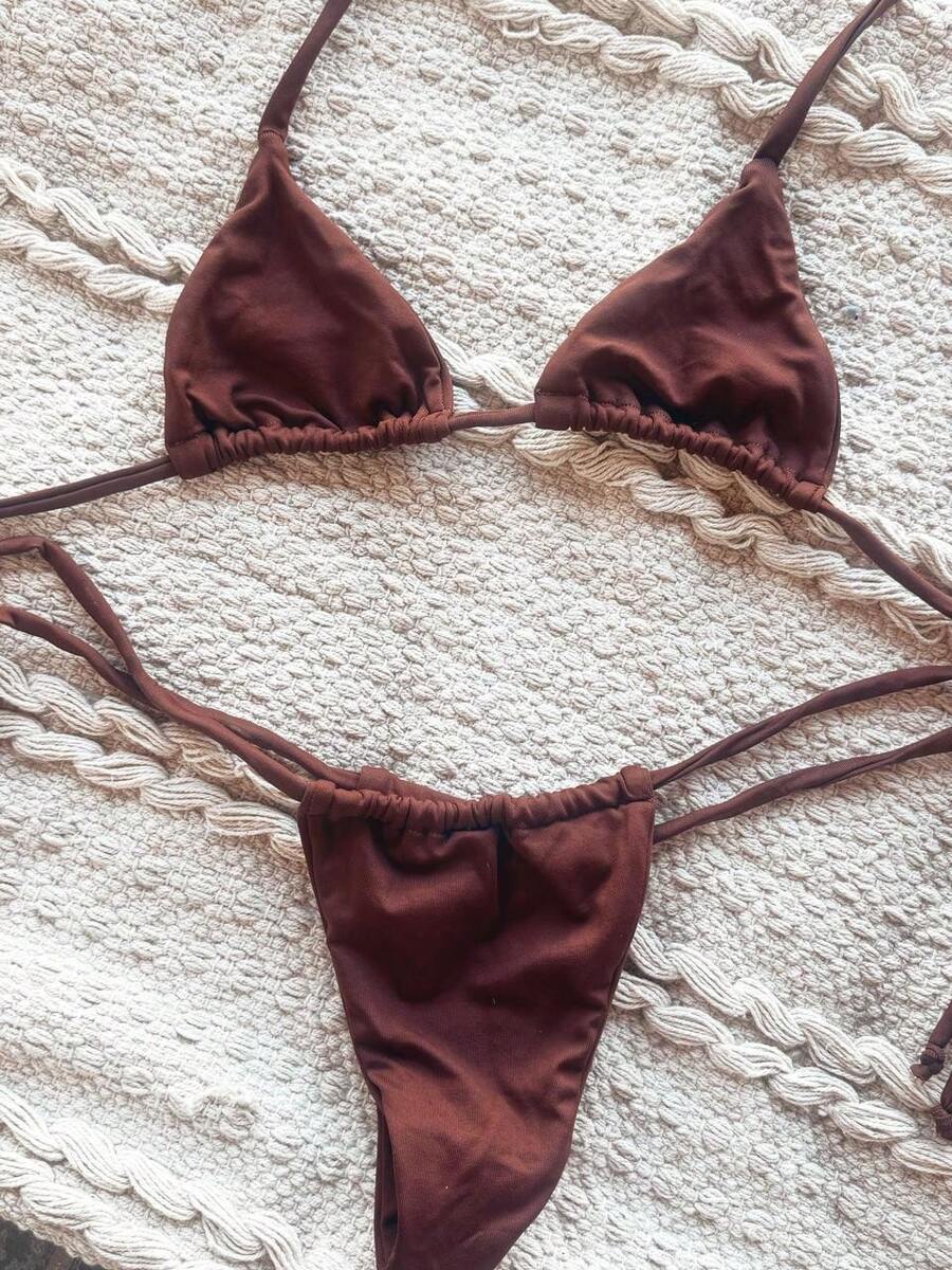 Adjustable Triangle Bikini With UV Protection, Stylish Tie-Up Style, Beach, And Vacation Details. - Rust Brown - View 1