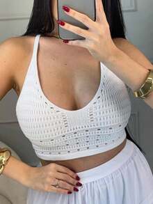 CONJUNTO SAIA DE TULE DE FENDA COM SHORTINHO E TOP CROPPED TRICOT COM REGULAGEM NA ALÇA LOOK ANO NOVO REVEILLON FESTA - Branco - Visão 4