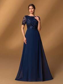 Faeriesty Elegante vestido formal de la madre de la novia con cuello redondo, manga corta, corte evasé y diseño bordado con flujo - Perfecto para recepciones de bodas, cenas formales, galas benéficas, grandes banquetes y recepciones de alto nivel - Azul Marino - Ver 2