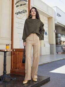 Women's Solid Color Batwing Sleeve Patchwork Poncho Sweater, Elegant And Fashionable Design, Spring - Brown Green - View 4