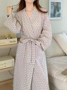 1pc Women's Robe - Minimalist European Style Long Sleeve Sleepwear, Cute Heart Pattern, Lightweight Fabric, Solid Color, Suitable For Spring, Autumn And Summer Home, Bedroom Casual Pajamas - Grid Little Heart - View 3